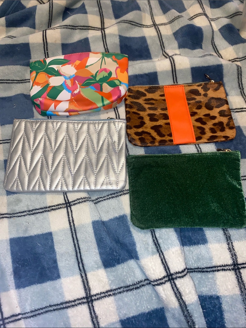 ipsy Cosmetic Pouch Set of 4- Silver, Green, Leopard & Multi-Color Floral